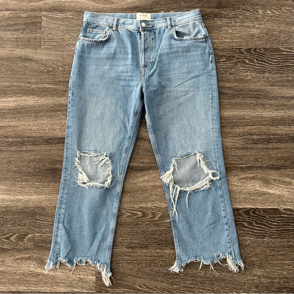 Free People Maggie Mid Rise Straight Leg Distressed Denim Jeans Medium Wash 32